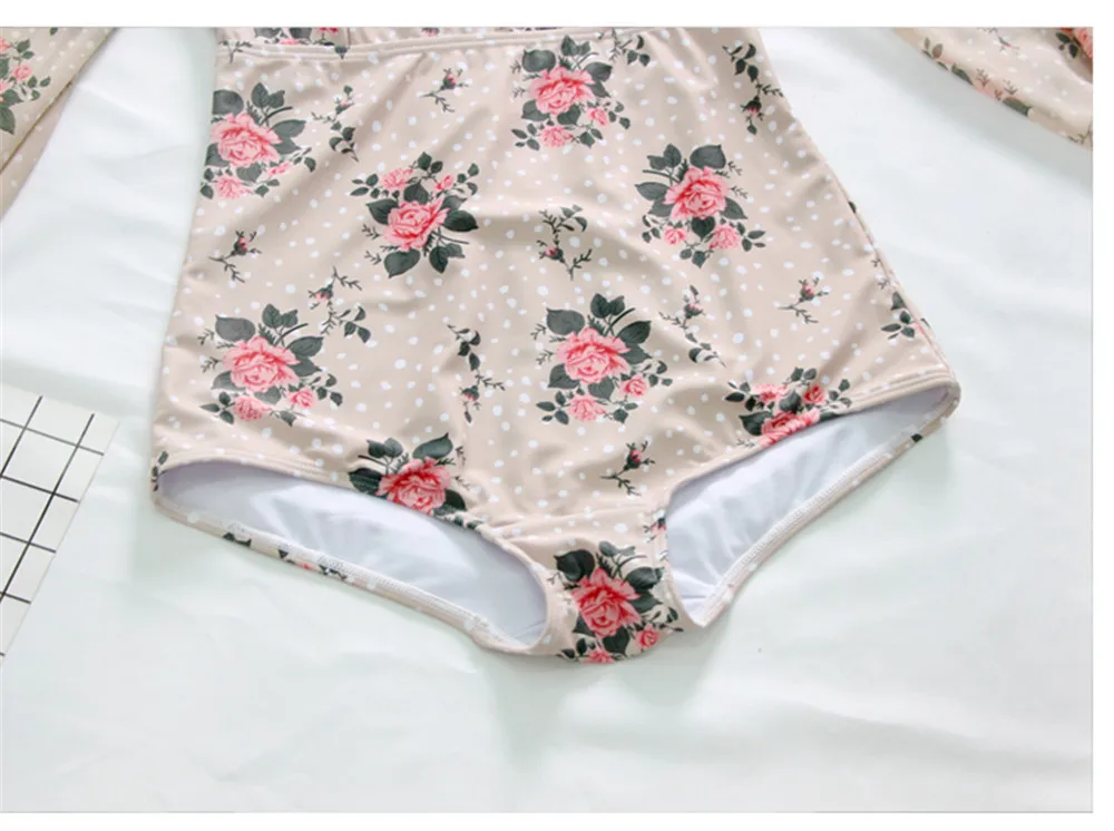 Long Sleeve One Piece Swimsuit Women Floral Swimwear Chiffon Monokini Push Up Swim Suit Ruffle Trikini Pad Bath Suit Backless