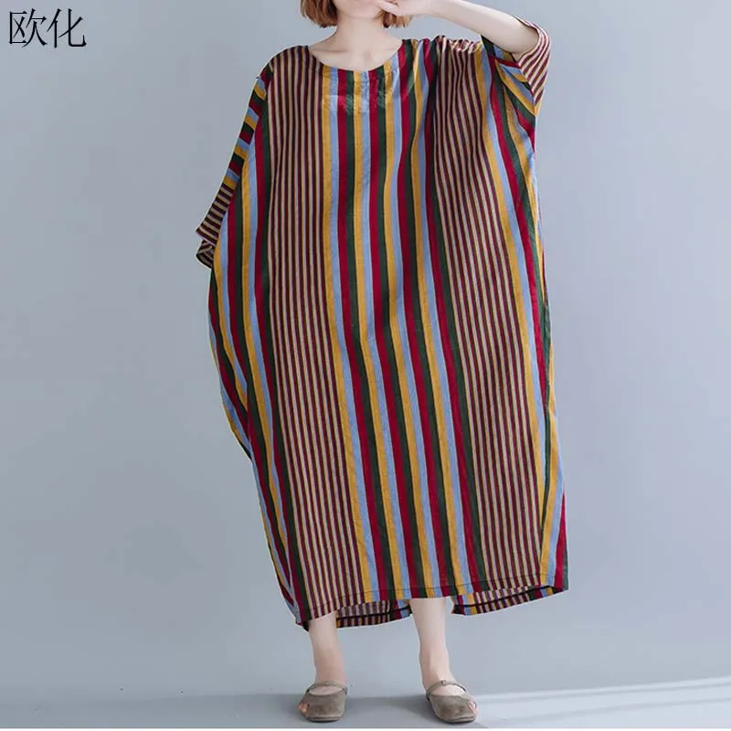 Женский хлопковый сарафан в полоску винтажное льняное платье стиле бохо с