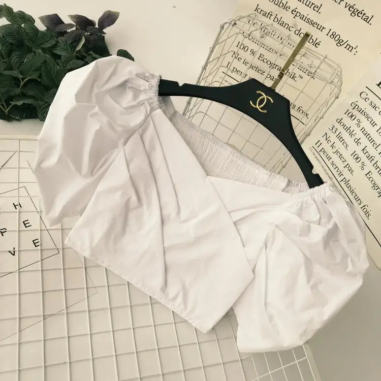 Белый ALPHALMODA летние женские эластичные укороченные топы с рукавами-фонариками плиссированные женские зауженные модные летние топы - Цвет: Белый