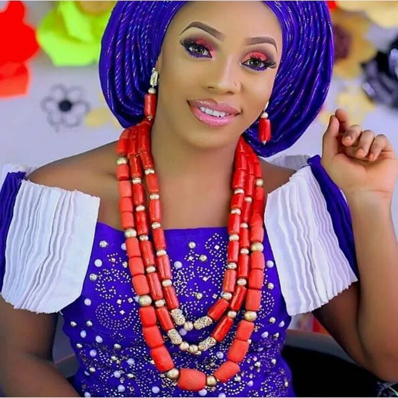 

URORU Fine Coral Beads Jewelry Set 3 Layers Costume African Necklace Set Jewelry for Women Red Jewellery Set Free Ship Fashion