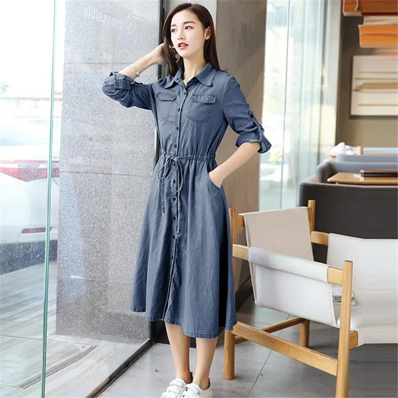 Весна 2018 женское джинсовое платье Элегантная туника с длинным рукавом офисные