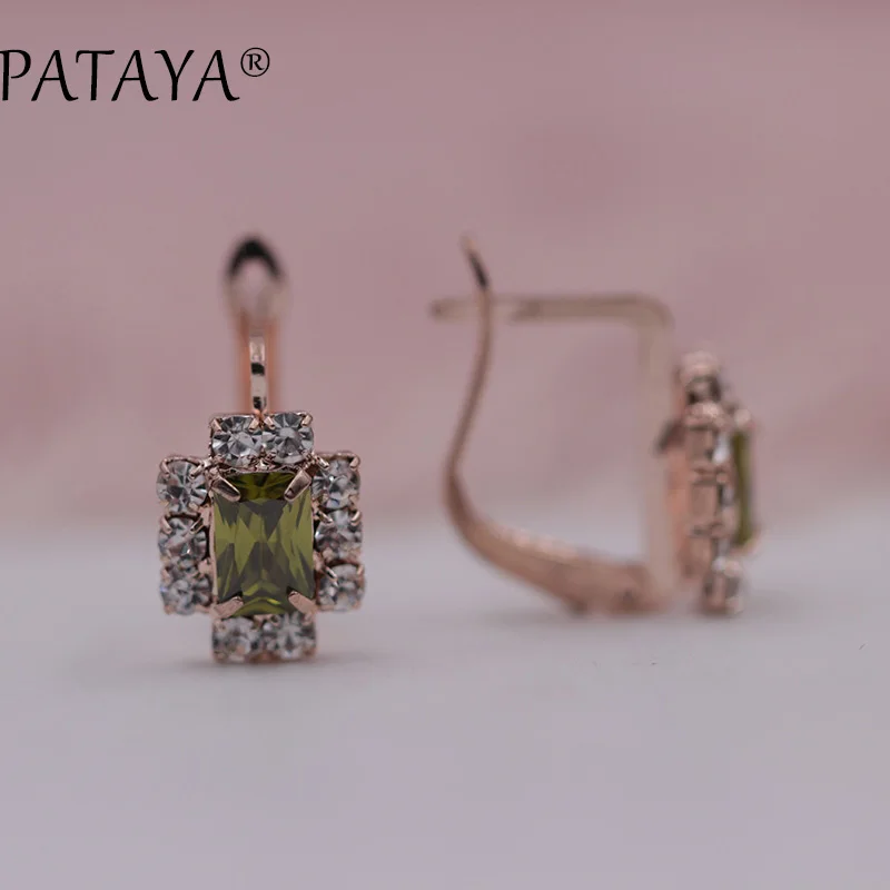 olive green PATAYA, Новое поступление, темно-синий квадратный натуральный кубический цирконий, серьги, 585 розовое золото, красивые серьги для женщин, вечерние ювелирные изделия, аксессуары - Окраска металла: olive green
