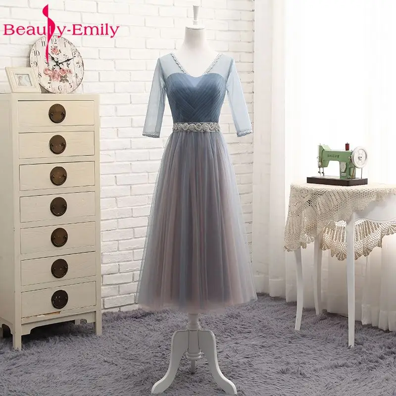 Beauty Emily Высокое качество Тюль Длинные Короткие платья подружки невесты Формальные трапециевидные винтажные платья для выпускного вечера с открытыми плечами