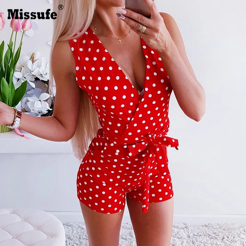 Женский комбинезон в горошек Missufe красный пляжный с открытыми плечами v образным