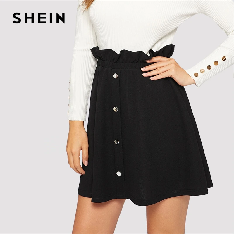SHEIN черного цвета с поясом-оборкой гофрированное, с пуговицами спереди сдвиг юбка Повседневное Высокая Талия трапециевидной формы Для женщин юбки летние из искусственной кожи; обтягивающая юбка