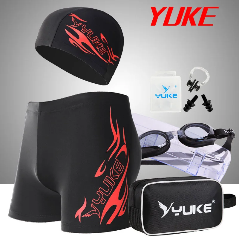 Red YUKE мужской принт Панама, пляжная одежда комфортная для взрослых быстрый сухой купальник Плавательные Очки Кепка набор трусов шляпа очки спа купальный костюм - Цвет: Red