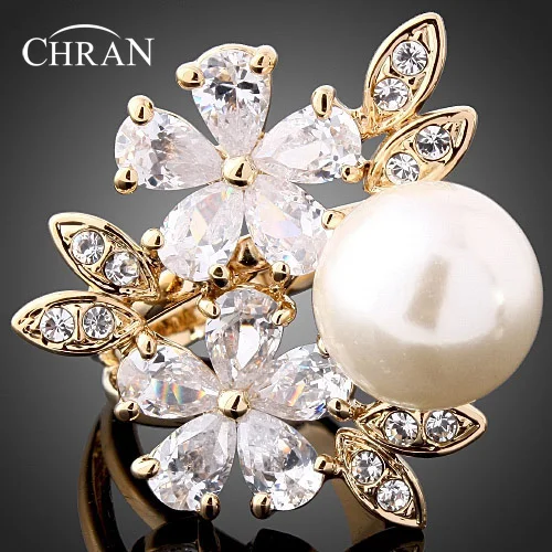 

Chran Classic Flower Design Cubic Zirconia Engagement Rings for Women Silver Plated Faux Pearl Finger Rings Jewelry Accessories