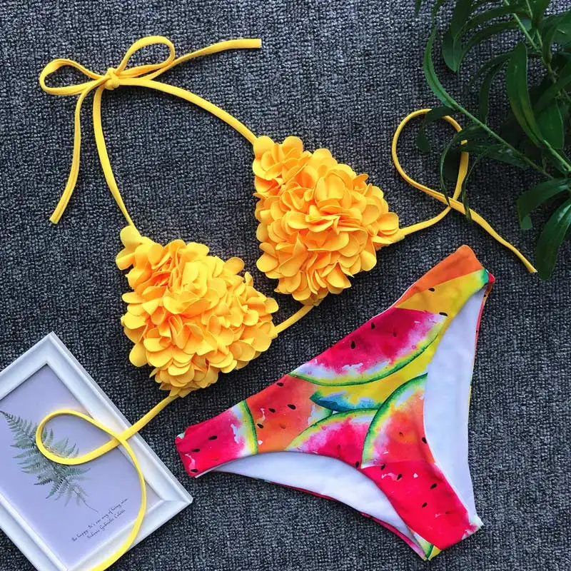 Yellow Print Комплект бикини с желтым цветком, красный гофрированный бикини,, mujer maillot de bain femme, бандажный плиссированный купальник, женский купальник с пуш-ап - Цвет: Yellow Print