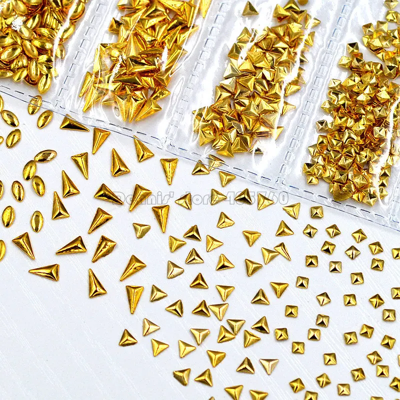 1 Pack Mix Shape Gold 3D Rectangle Triangle Square Drop Oval Metal Stud Nail Art Rhinestones Gems Decorations DIY Salon Tip 11#