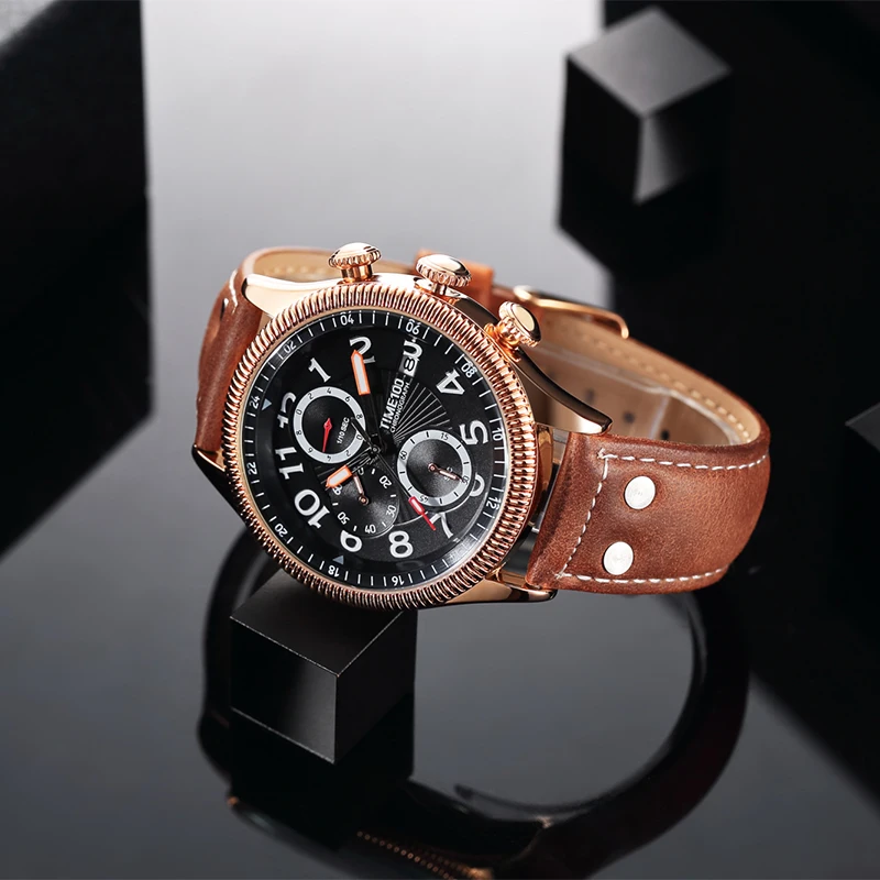 TIME100 часы мужчины коричневый кожаный ремешок Повседневные Календари Авто Дата