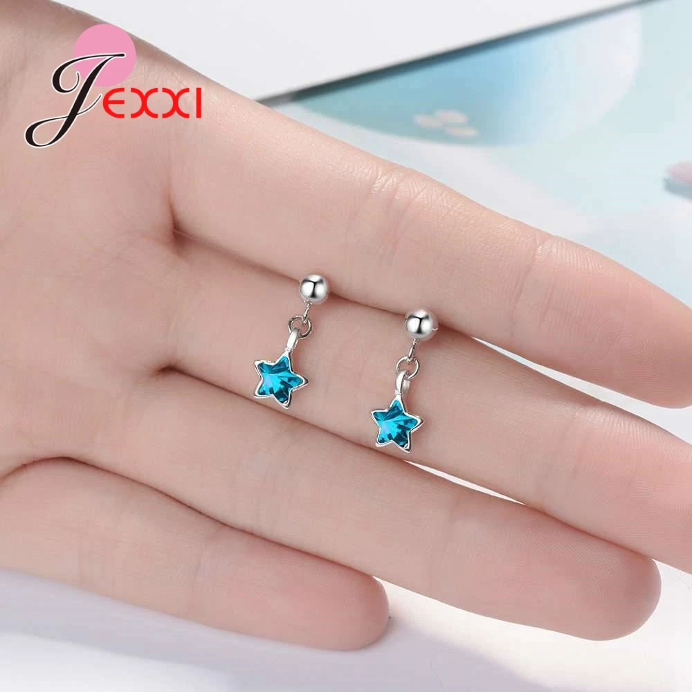 

New Creative Sparkling Cute Blue Stars Crystals Drop Earrings For Girl Women 925 Sterling Silver Ear Accessories Brincos