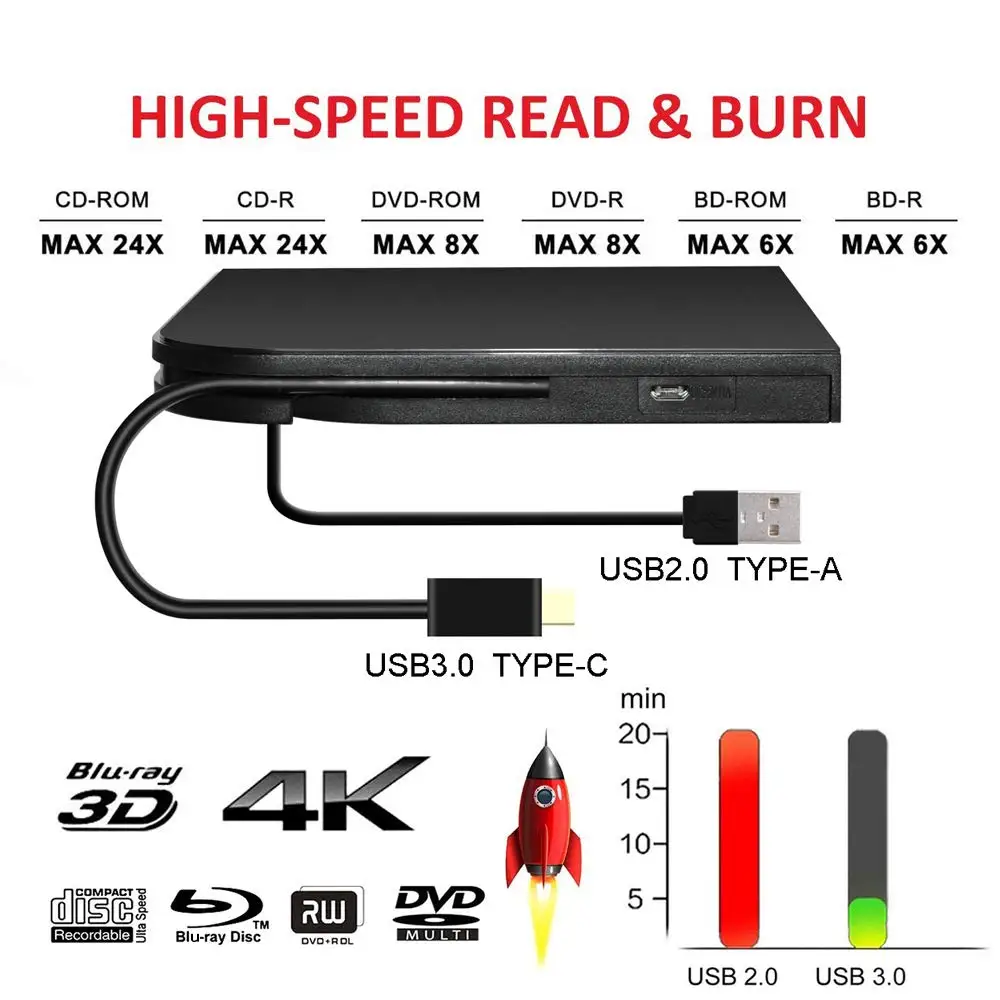 Внешний 4K 3D Blu Ray DVD привод портативный USB3.0 Type C горелка HD CD/DVD проигрыватель