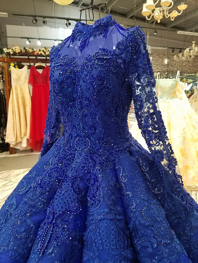 AOLANES 2018 Long Sleeves Royal Blue Lace Arabic Muslim Wedding Dresses O-neck Floor-length Waves Ball Gown Up Bridal | Свадьбы и