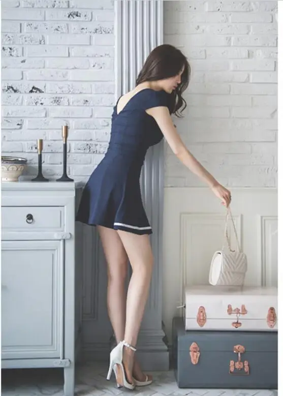 Vestidos,, Южно-корейский стиль, сексуальная униформа для ночных клубов, Темно-Синяя Униформа, цветное платье с отворотом и сборкой на талии