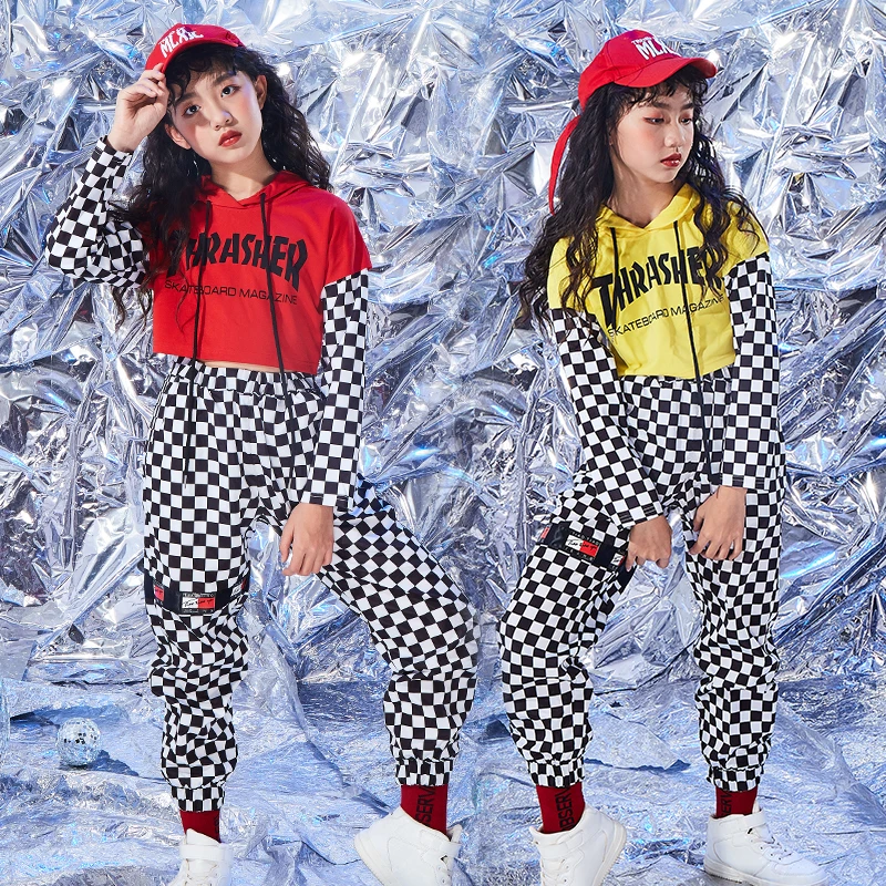 Новый детский уличный танцевальный костюм женский черно белый клетчатый с