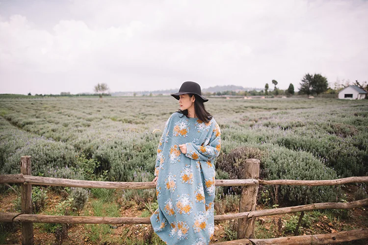 TaFiY Vestidos, женские зимние платья, Ретро стиль, Круглый ворот, цветочный принт, утолщенная шерсть, макси, длинные халаты размера плюс, шерстяное женское платье