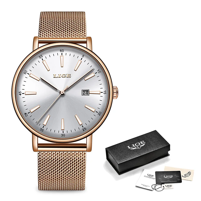 Rose gold white LIGE женские часы Топ люксовый бренд кварцевые часы Дамская мода светящиеся часы водонепроницаемые Дата девушка наручные часы подарок для жены - Цвет: Rose gold white