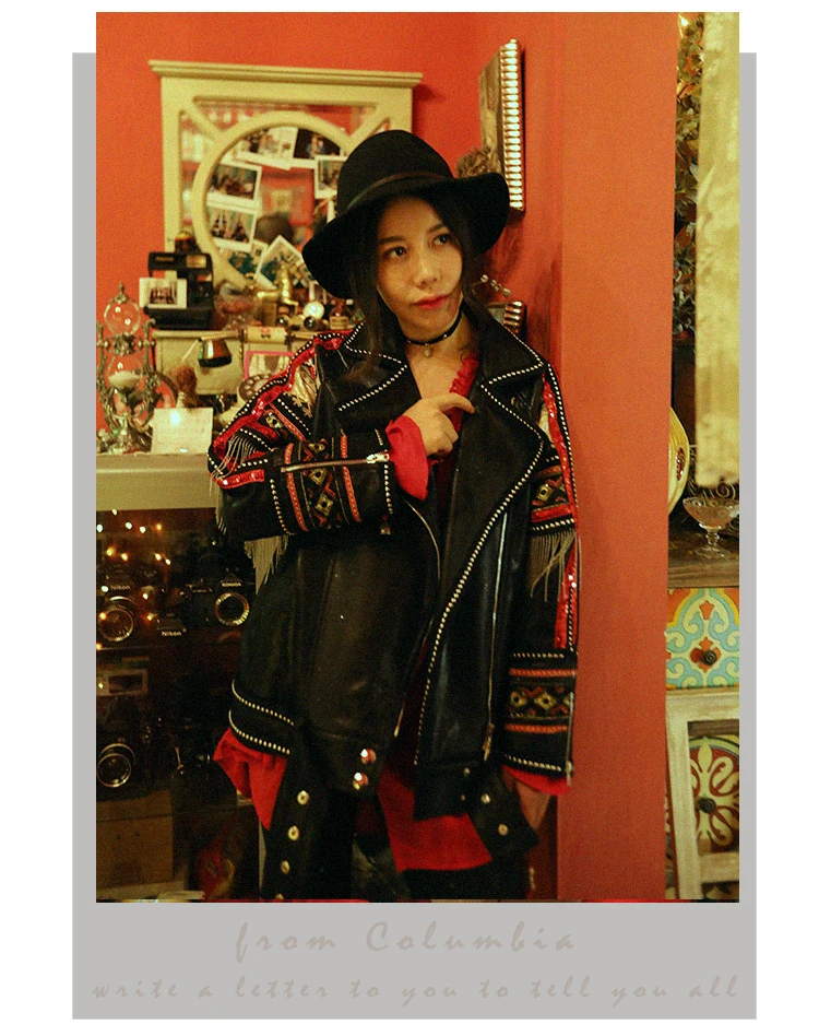 Jessica's Store для женщин осень личность панк повседневное свободные Роскошные вышивка кисточкой заклепки из искусственной кожи короткая мотоциклетная куртка