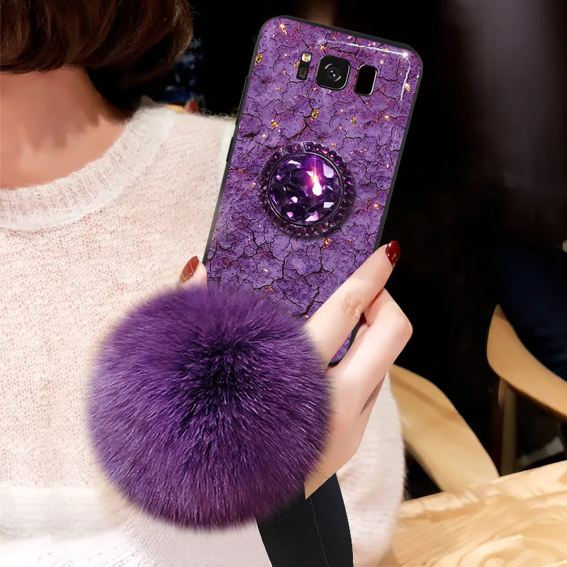 Роскошный натуральный мех чехол держатель для samsung Galaxy S8 S9 Plus драгоценный камень