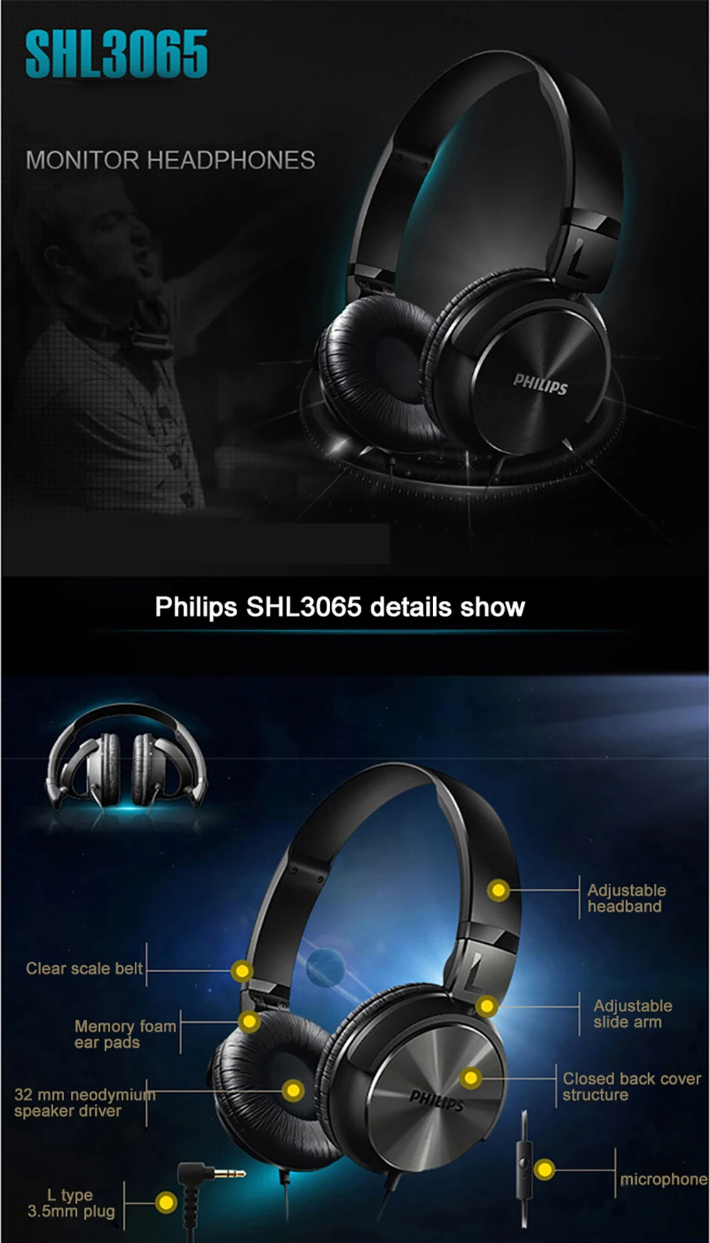 Philips SHL3065 наушники Acitive шумоподавление проводное управление с микрофонная гарнитура на голову дизайн