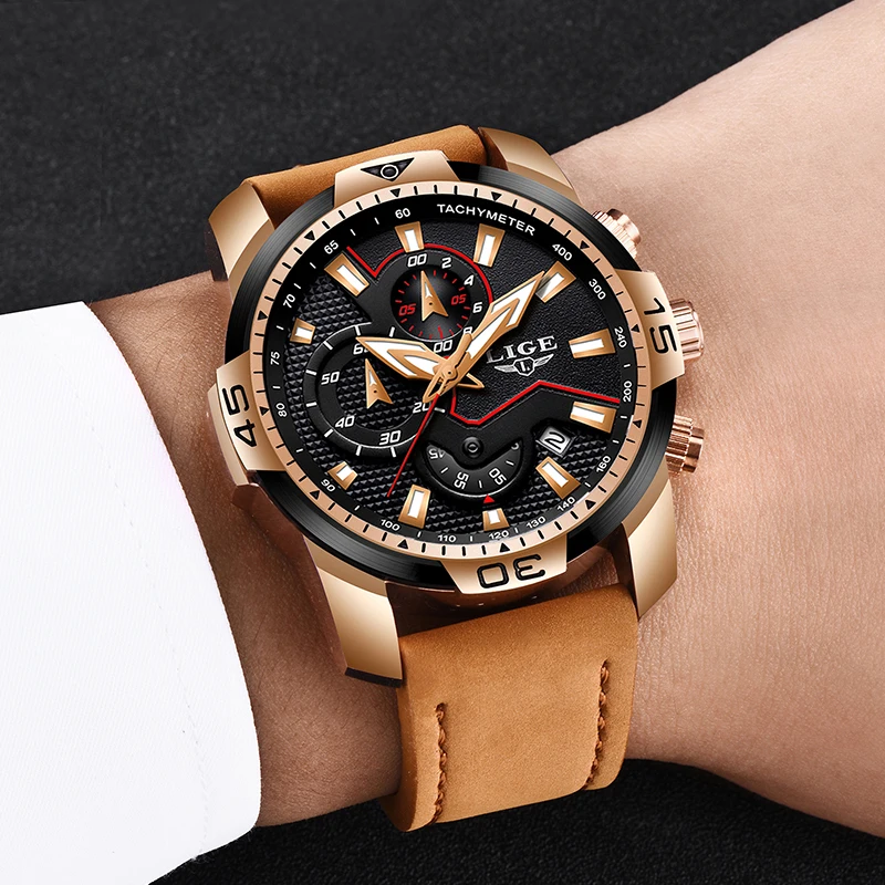 LIGE New Men Watches Top Brand Luxury Leather Quartz Clock Male Sport Waterproof Fashion Gift Gold Watch Relogio Masculino | Наручные