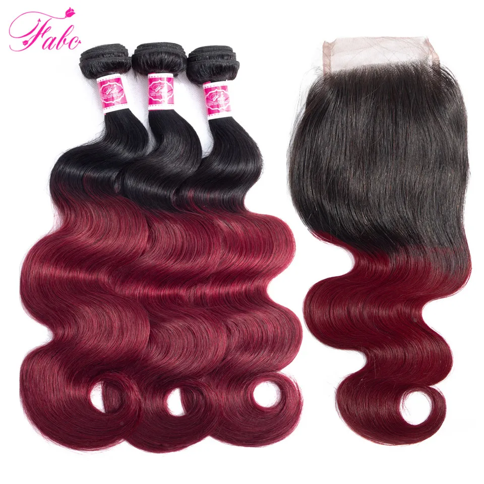 

FABC Hair Peruvian Burgundy Bundles With Closure 1B/99J Color Bundles With Closure 3 Bundles Non Remy Human Hair