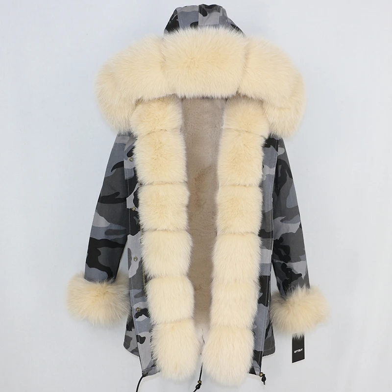 grey camo beige OFTBUY, зимняя куртка, Женское пальто с натуральным мехом, брендовая Роскошная длинная парка, большой натуральный Лисий мех, уличная одежда, толстая теплая, 3 в 1 размера плюс - Цвет: grey camo beige