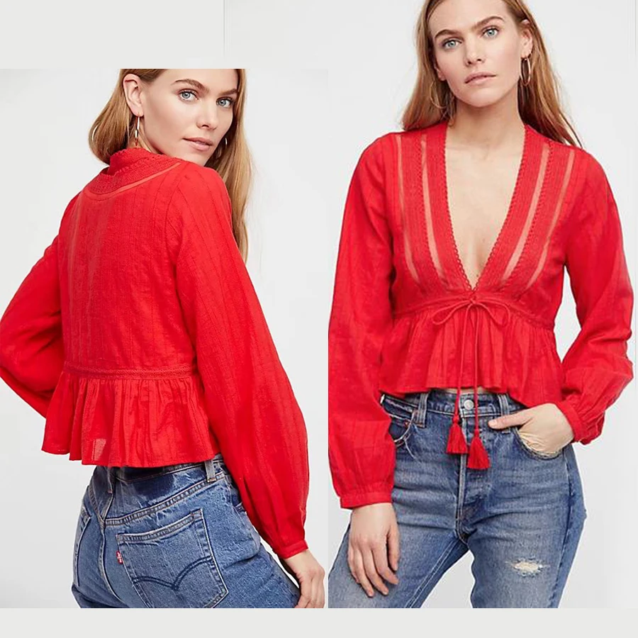 TEELYNN короткая Бохо блузка ткань вышивка прозрачное кружево сексуальный v