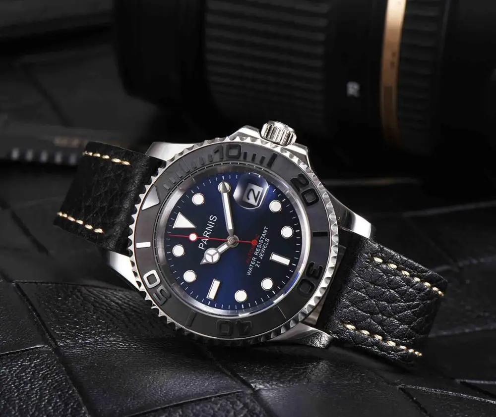 black blue Новая мода Parnis 40 мм синий циферблат Для мужчин часы Miyota 8215 сапфировое стекло световой автоматические механические Для мужчин часы PA6079 - Цвет: black blue