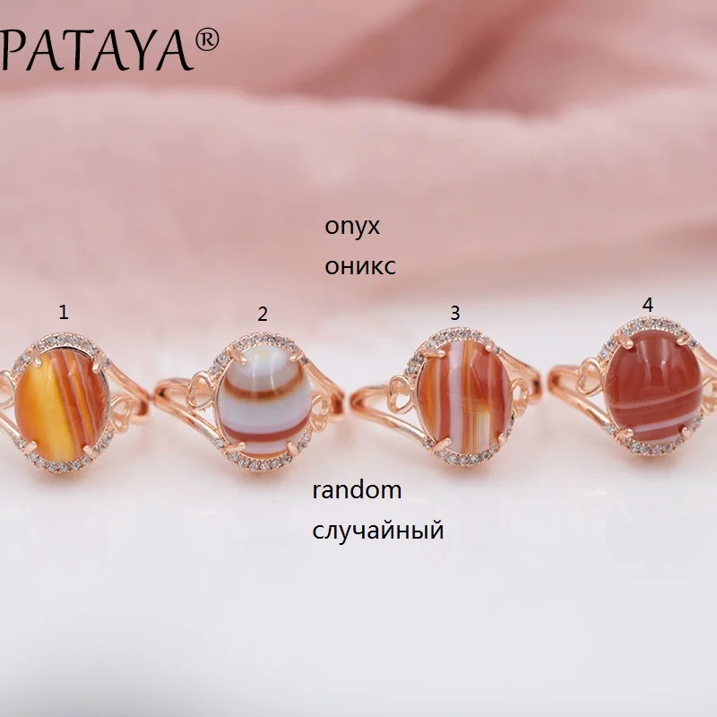 PATAYA, Новое поступление, модные кольца с натуральным ониксом, белым кубическим цирконием, 585, розовое золото, милые роскошные изысканные ювелирные изделия для женщин - Цвет основного камня: onyx random