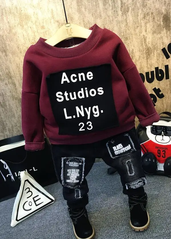 2pcs set Брендовая одежда для мальчиков Модный Детский свитер из плотного флиса+ джинсы комплект из 2 предметов, детский зимний комплект, толстовки для мальчиков повседневные Костюмы для детей возрастом от 2 до 6 лет - Цвет: 2pcs set