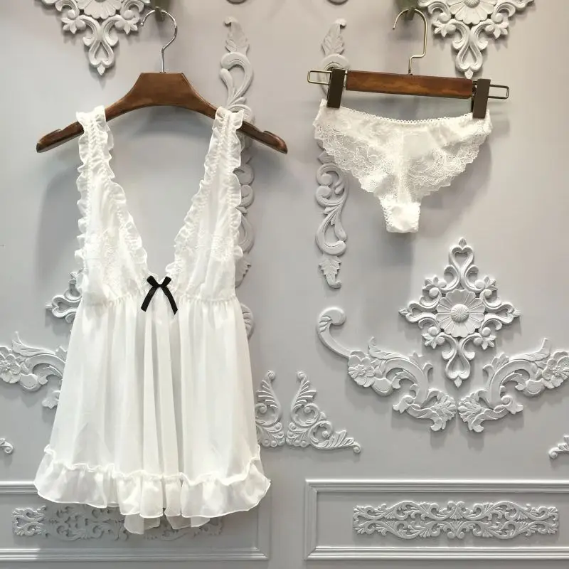 Lisacmvpnel чистая пряжа Сексуальная женская ночная рубашка+ Pantie набор Глубокий V кружева женская пижама