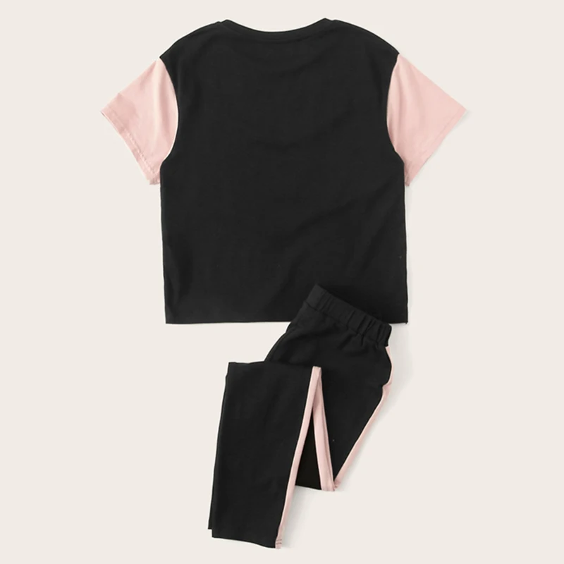 SHEIN/Детская футболка с цветными блоками для девочек и штаны с завязками на талии; комплект для детей; коллекция года; летняя одежда для активного отдыха; костюм с короткими рукавами; комплекты