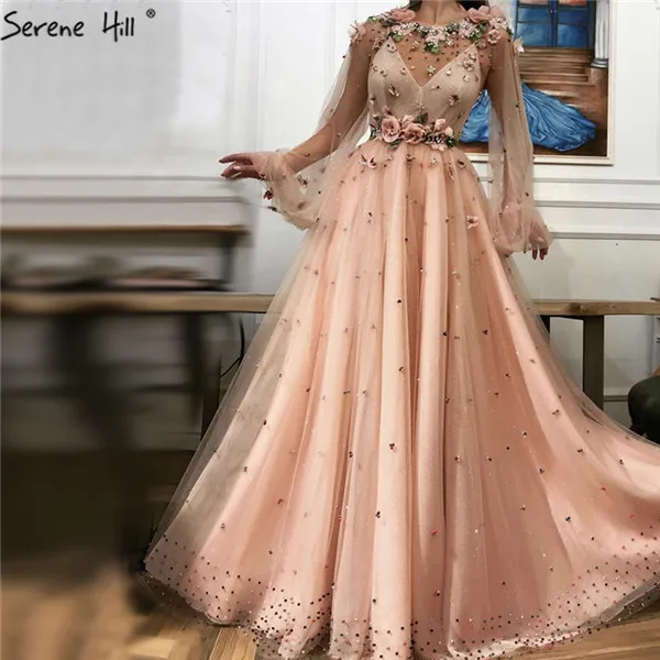 peach Персиковое платье с круглым вырезом и длинным рукавом для выпускного вечера в Дубае, дизайн, ручная работа, цветы, платья выпускного вечера из жемчуга, беззаботный холм, BLA60766 - Цвет: peach