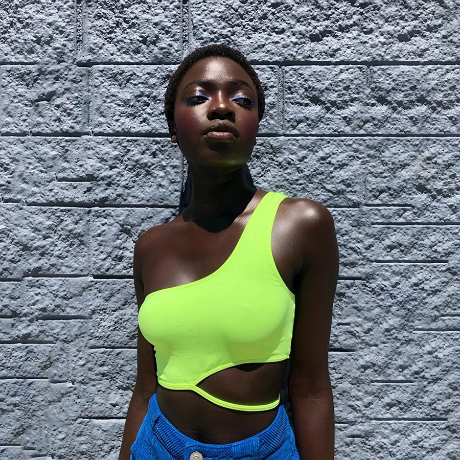 Nibber неонового цвета пикантные Топы women2019summer camiseta mujer растягивающиеся узкие мягкие Топы на бретельках mujer на одно плечо дизайн, футболки с короткими рукавами для детей