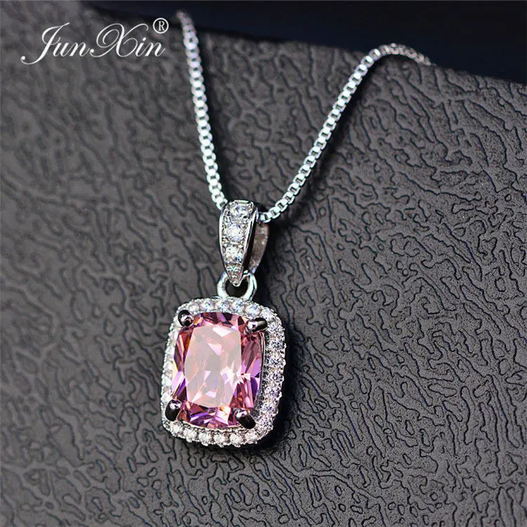 Pink JUNXIN женские роскошные белые/фиолетовые ожерелья и подвески модные синие огненные опаловые ожерелья для женщин винтажные Свадебные украшения - Окраска металла: Pink