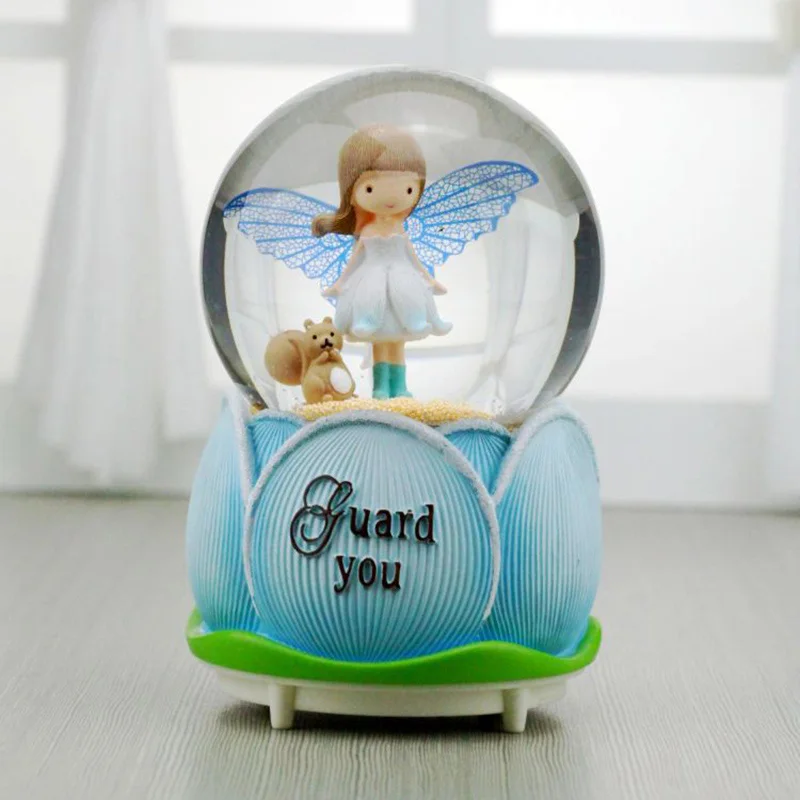 Синий Cute Flower Bud Angel Automatic Floating Snow Crystal Ball Music Box Rotating Music Box with Light Figurines Creative Girl Gifts - Цвет: Синий