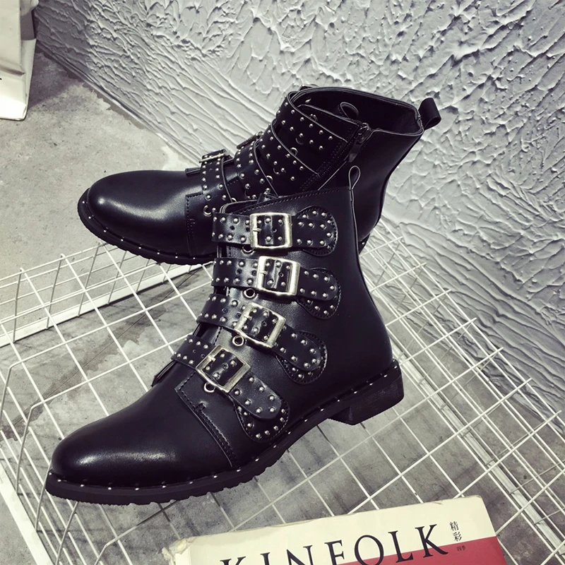 Boussac 43 Size Rivets Motorcycle Boots Women Brand Design Ankle Vintage Short Plush Warm Winter SWE0143 | Обувь