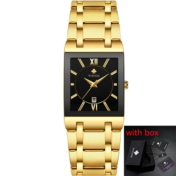 gold black with box Роскошные Для Мужчин's кварцевый аналог наручных часов WWOOR 8858 браслет для мужчин прямоугольный часы бизнес класса Relogio Masculino# c - Цвет: gold black with box