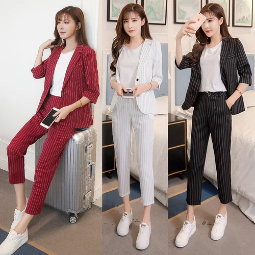 

Autumn Fashion Stripe Two Piece Women Single Button 2 Set Woman Blazer Set Korean Summer Set Women Twinset