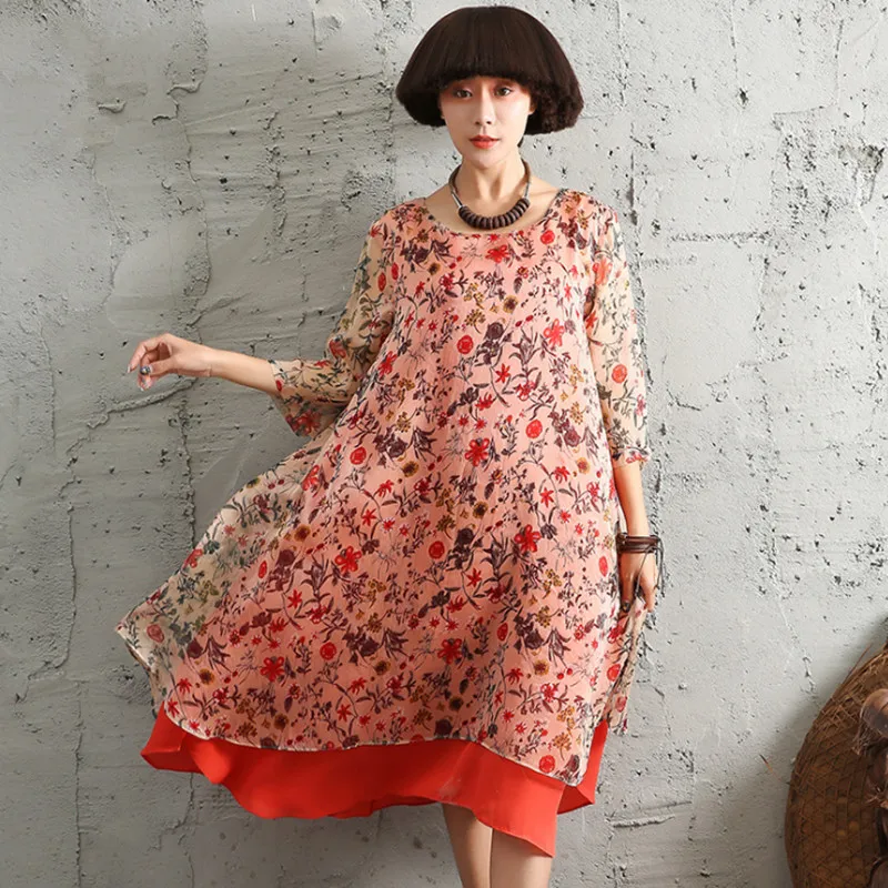 Summer female Three-quarter sleeve printing thin silk crepe Floral dress women vintage printed loose high waist flower dresses