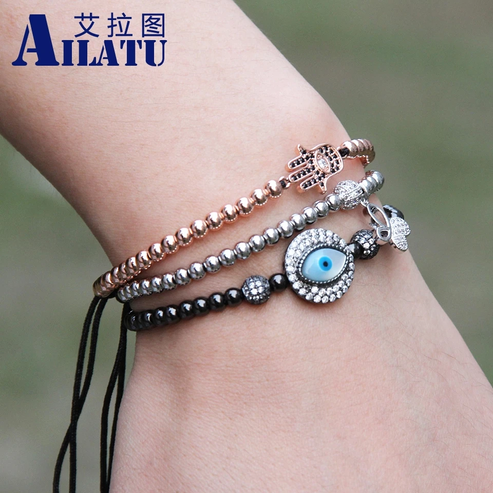 

Ailatu New Arrival Noble Woven Religious Lucky Bracelet 4mm Copper Beads Micro Inlay Clear Cz Turkish Shell Eye