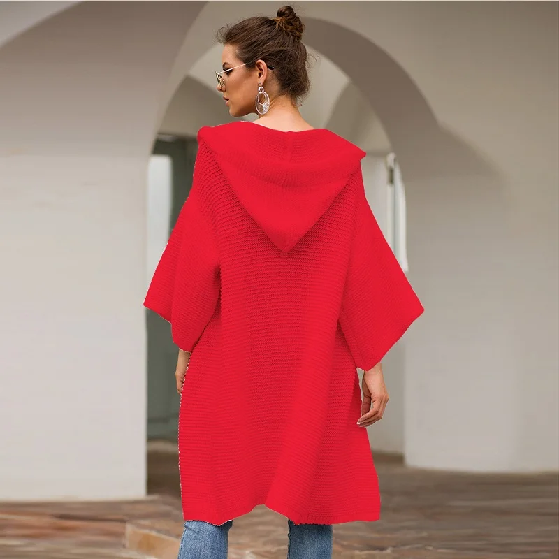 Элегантный вязаный свободный ветрозащитный кардиган с капюшоном Женская куртка