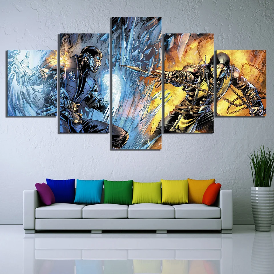 Модульная картина, украшение для дома, 5 шт., Mortal Kombat, игра, настенное искусство, современный холст, Hd печать, живопись для спальни, плакат, рамка