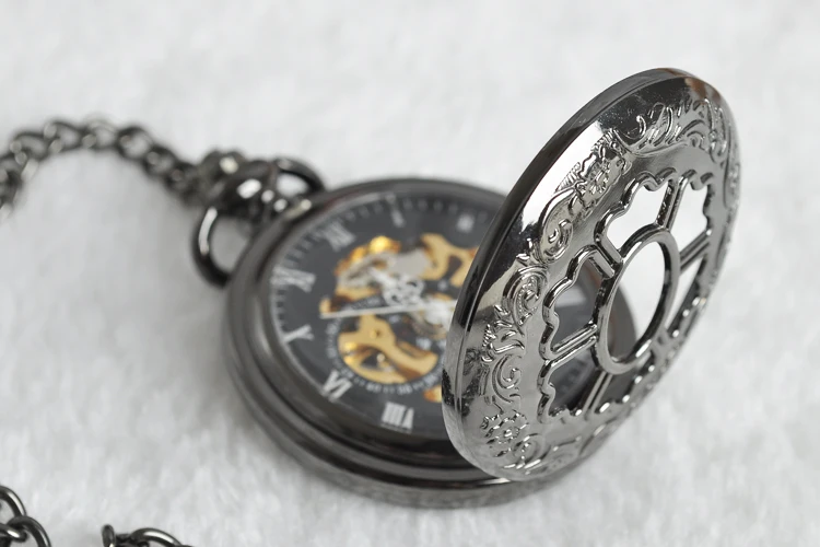 Antique Black Sunflower Hollow Relief Mechanical Pocket Watch Vintage Steampunk Fob Chain Men's Watch Women's Festival Gift