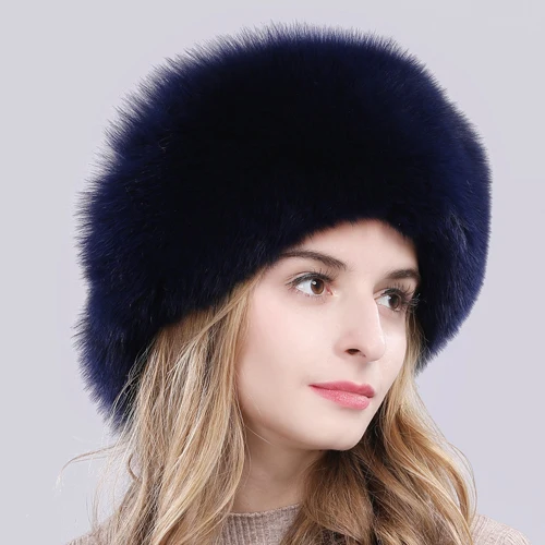 dark blue Женская зимняя шапка из натурального Лисьего меха, теплая мягкая пушистая шапка из меха лисы для девочек, роскошная Высококачественная шапка-бомбер из натурального Лисьего меха - Цвет: dark blue