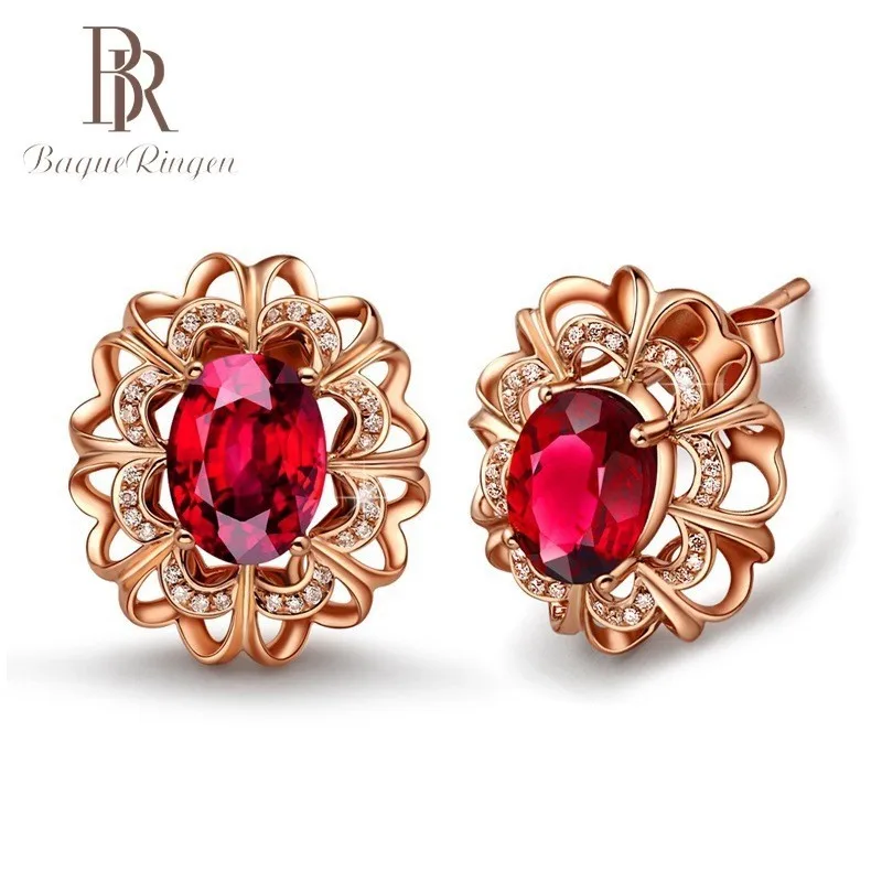 

Begua Ringen Rose Gold Color Oval Ruby Stud Earrings For Women New Fashion Original 925 Silver Earrings Fine Jewelry Gifts