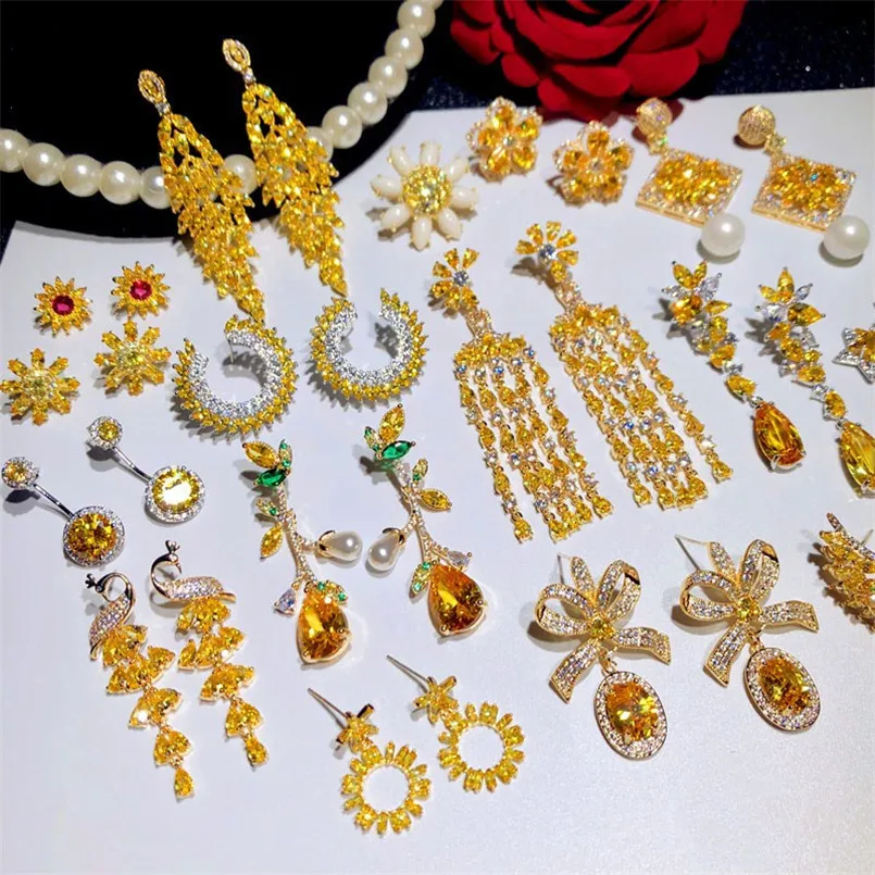 

Hyperbole Drop Earrings For Women Sterling Silver 925 Cubic Zirconia Yellow Temperament Earring Fine Jewelry Accessories
