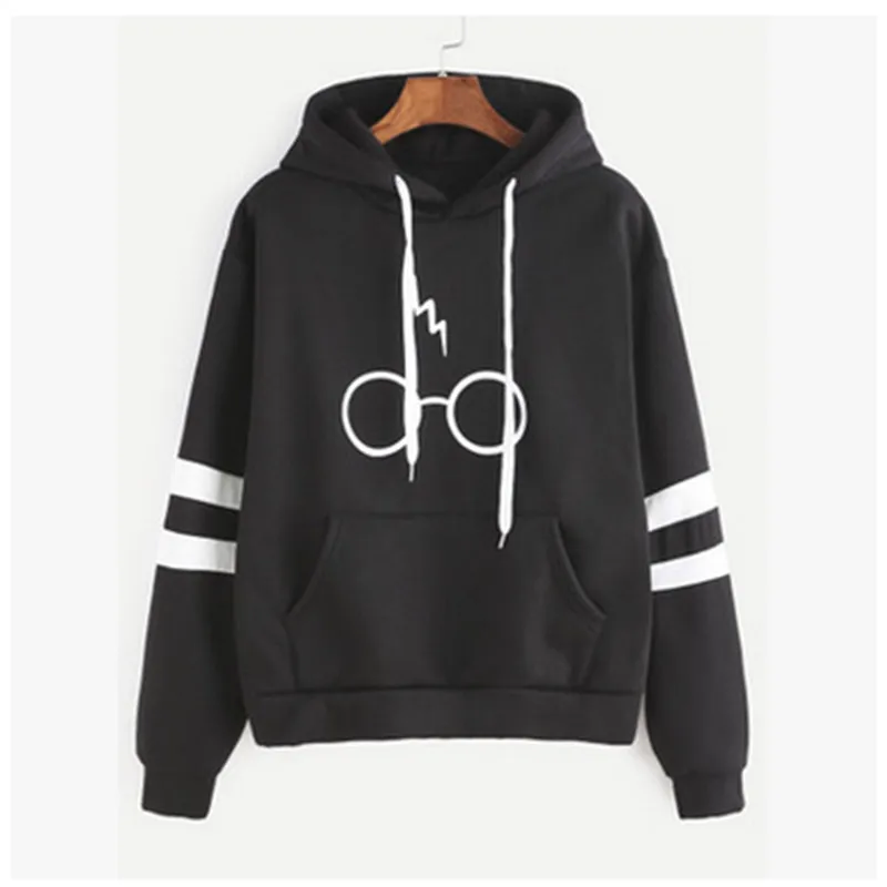 Женские бархатные толстовки в полоску с капюшоном и очками черные Осень зима