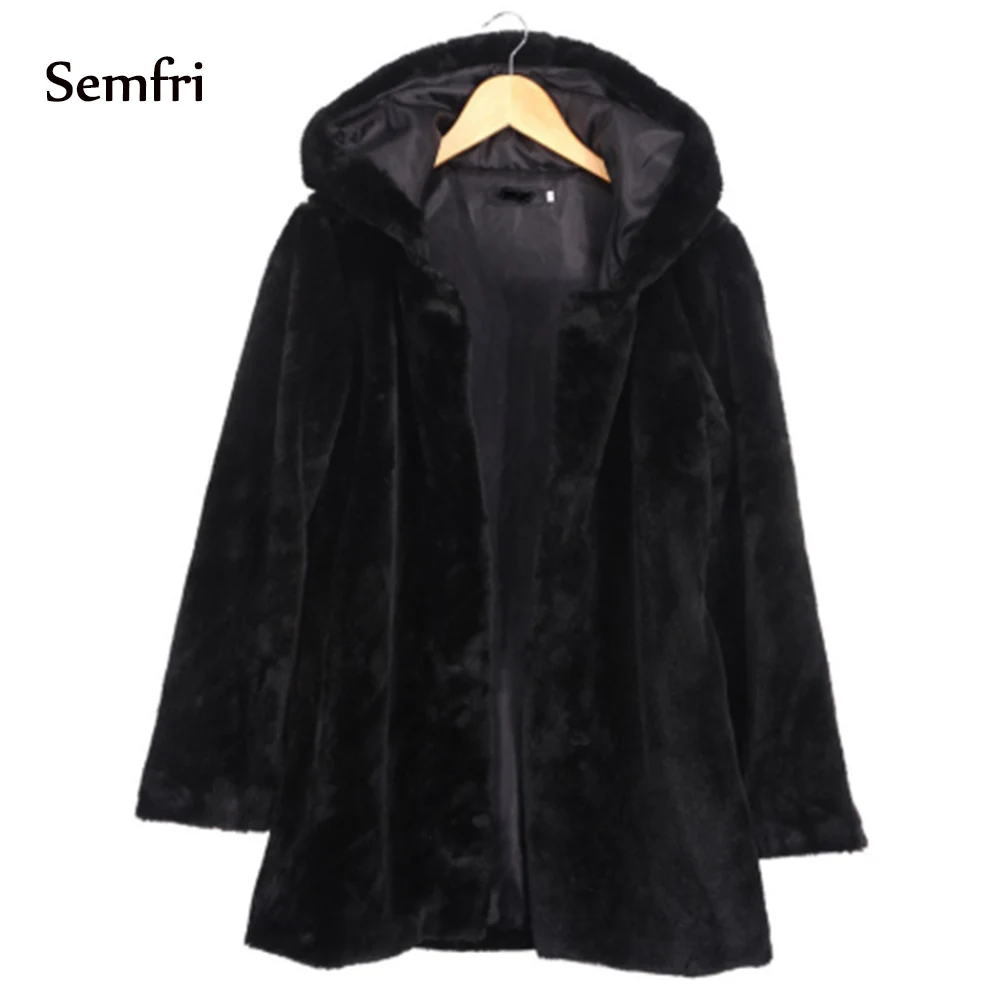 semfri Winter Autumn Women Hooded Faux Fur Coat Fashion Warm Long-sleeved Loose Black Female Flocking Cotton Jacket | Женская одежда